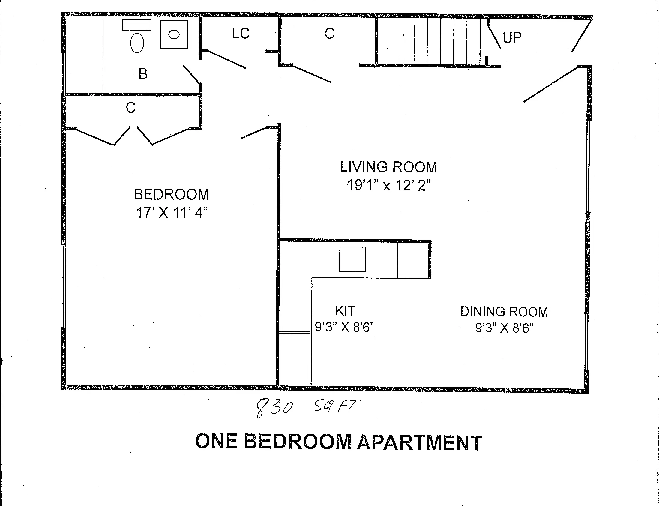 A one bedroom apartment with living room and dining room.