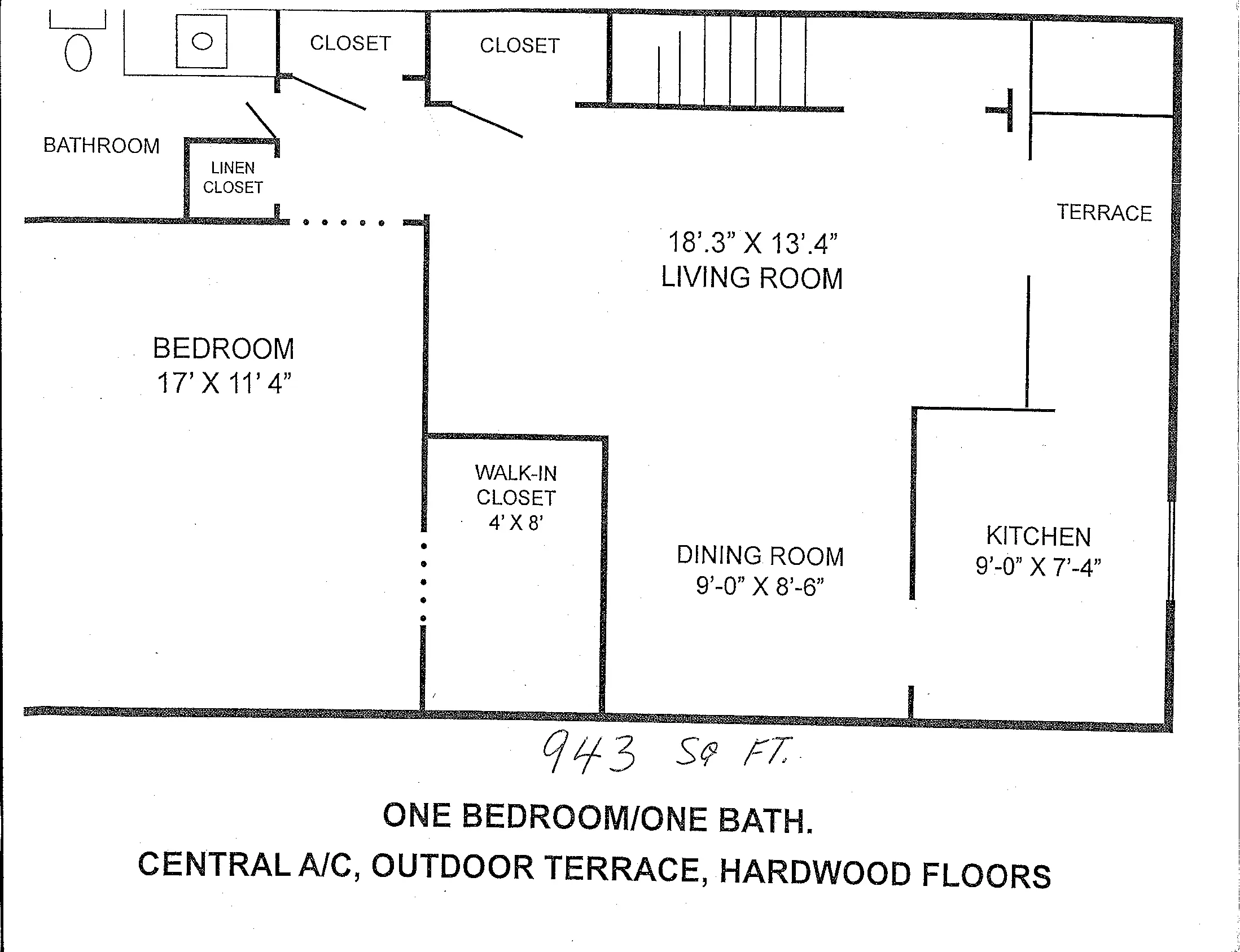 A floor plan of the one bedroom apartment.