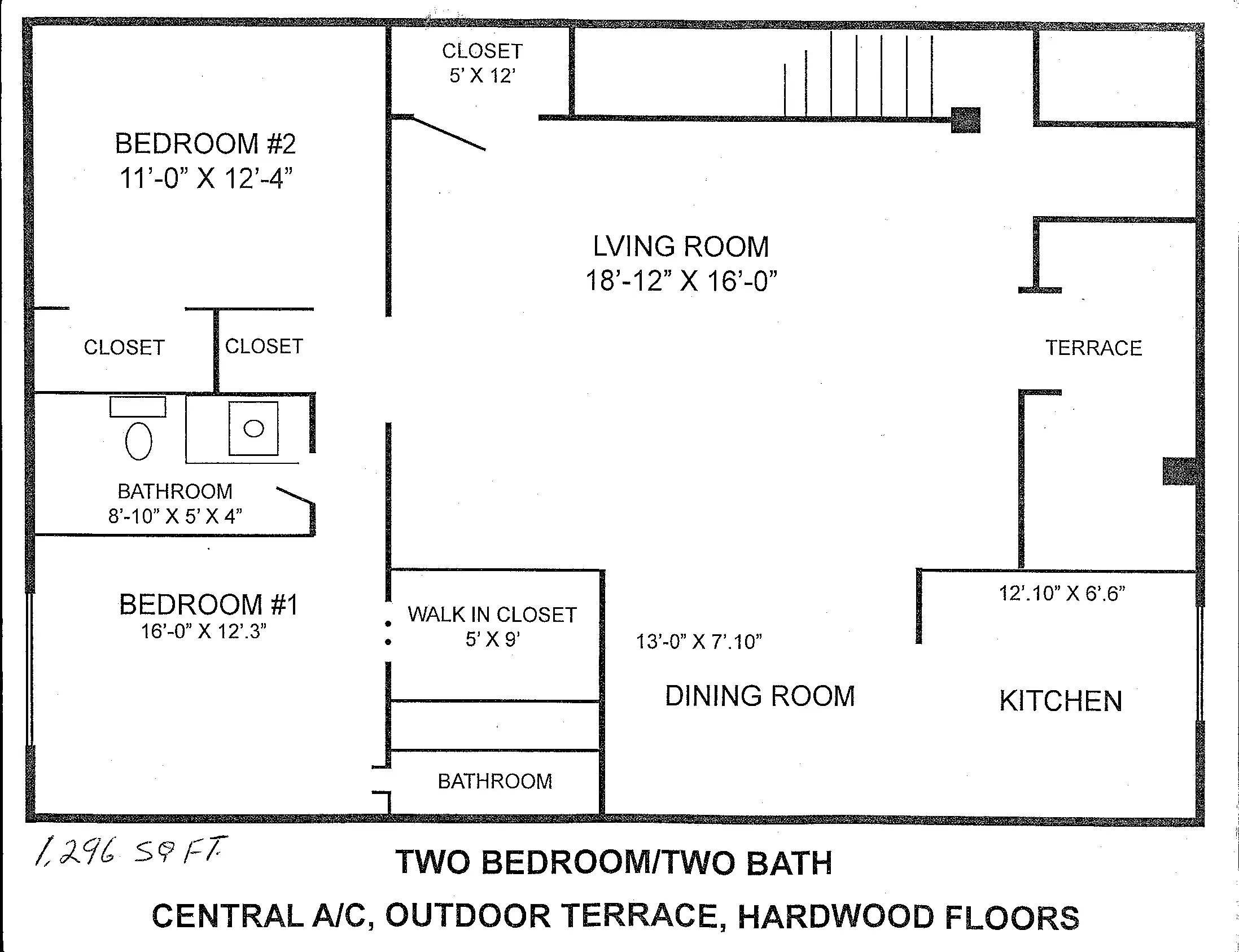 A floor plan of the two bedroom and bath apartment.