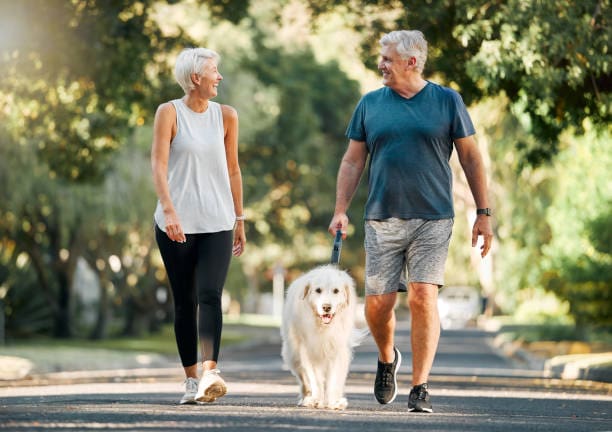 A man and woman walking their dog on the street.